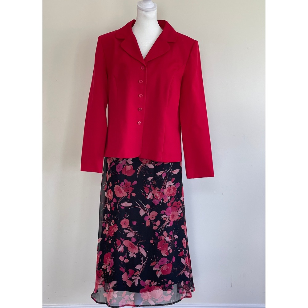 Red Blazer and Floral Midi Skirt 2 Piece Suit Set Women Professional  Size 14
